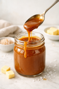 pot de caramel beurre salé avec une cuillère laissant couler un filet de caramel doré, éclairage naturel et ambiance lumineuse.