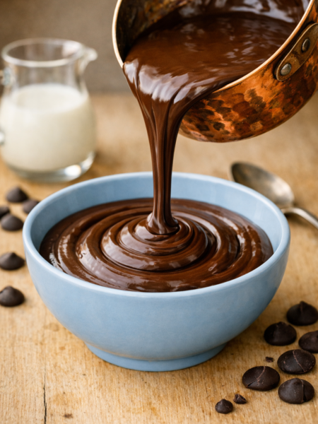 Ganache au Chocolat classique fondu versé depuis une casserole en cuivre martelé dans un bol bleu ciel sur une table en bois clair, avec une petite carafe de lait et une cuillère en arrière‑plan.