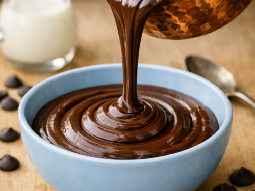 Ganache au Chocolat classique fondu versé depuis une casserole en cuivre martelé dans un bol bleu ciel sur une table en bois clair, avec une petite carafe de lait et une cuillère en arrière‑plan.