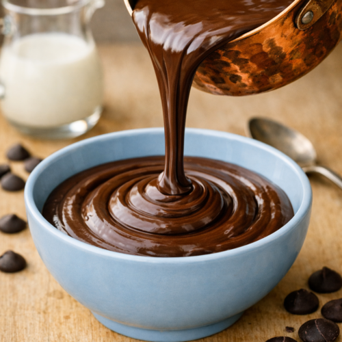 Ganache au Chocolat classique fondu versé depuis une casserole en cuivre martelé dans un bol bleu ciel sur une table en bois clair, avec une petite carafe de lait et une cuillère en arrière‑plan.