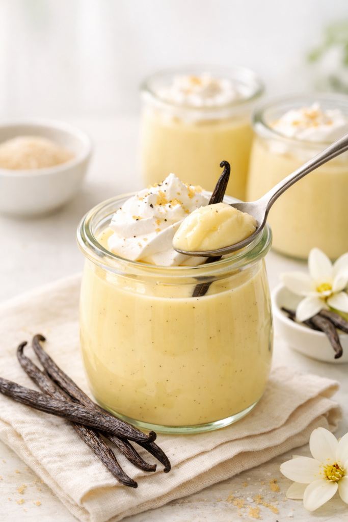 Crème à la vanille dans petit pot en verre, texture onctueuse, lumière naturelle et décor minimaliste.