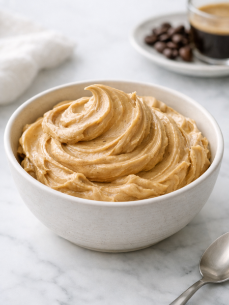 Crème au beurre au café dans un bol blanc, texture lisse et onctueuse, lumière naturelle douce.