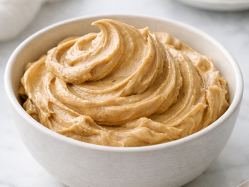 Crème au beurre au café dans un bol blanc, texture lisse et onctueuse, lumière naturelle douce.