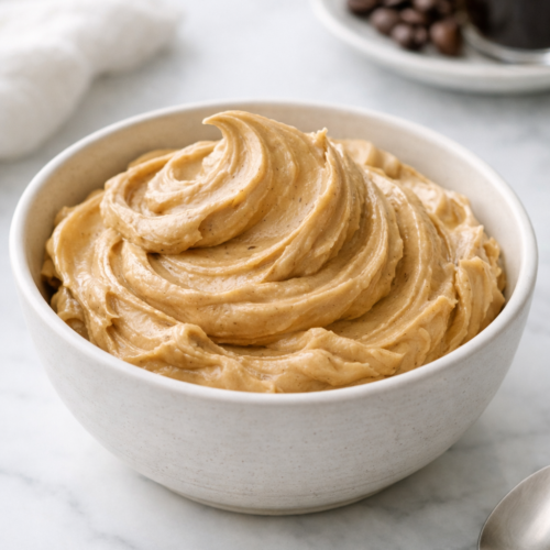 Crème au beurre au café dans un bol blanc, texture lisse et onctueuse, lumière naturelle douce.