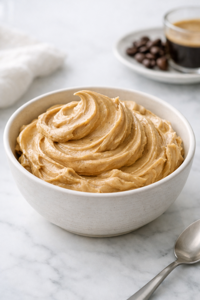 Crème au beurre au café dans un bol blanc, texture lisse et onctueuse, lumière naturelle douce.