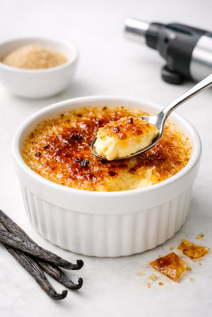 Crème brûlée dorée dans ramequin blanc, croûte caramélisée craquante, lumière naturelle.