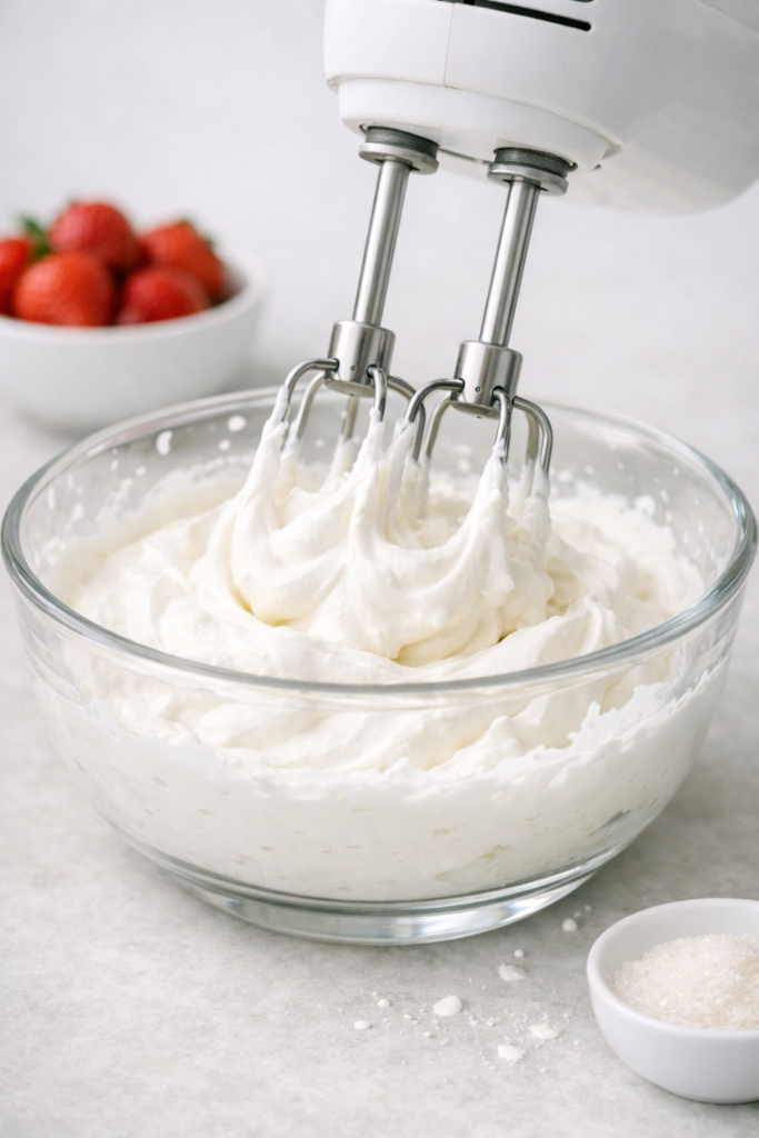 Crème chantilly fouettée au batteur électrique, bol de fraises flou à gauche, lumière naturelle.