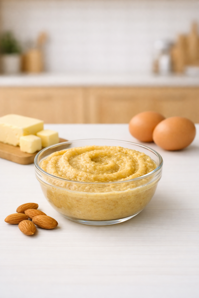 Crème d’amande maison dans un bol en verre, posée sur une table blanche, avec beurre, œufs et amandes en décor minimaliste, dans une cuisine en bois clair lumineuse.