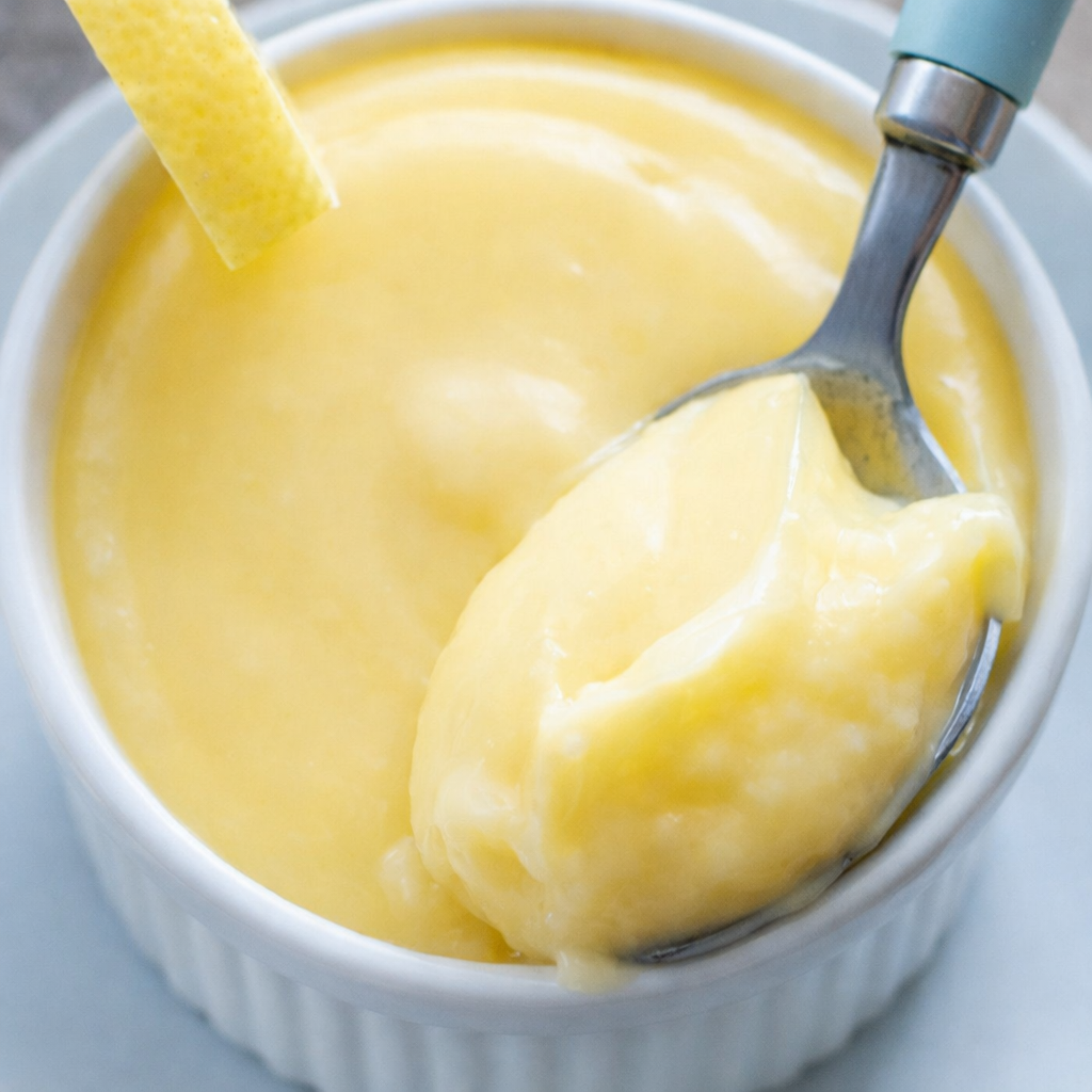 cuillère au manche bleu clair soulevant une crème de citron onctueuse dans un ramequin blanc sur sous‑tasse, éclairage naturel et ambiance lumineuse.