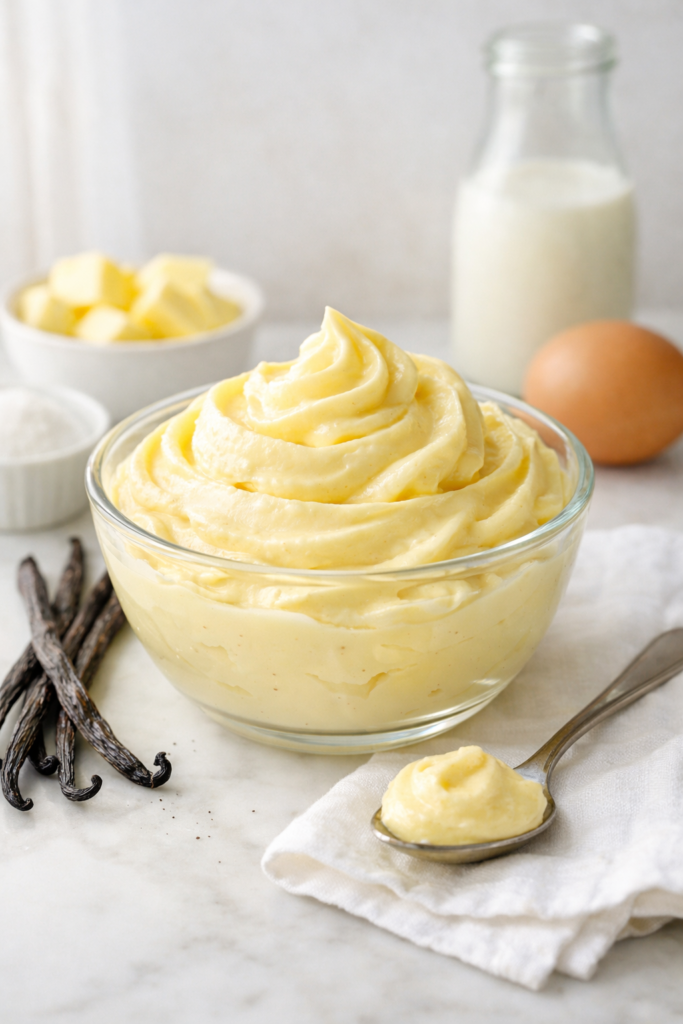Crème mousseline maison dans un bol en verre, texture onctueuse et vanillée, éclairée par une lumière naturelle douce sur fond minimaliste.