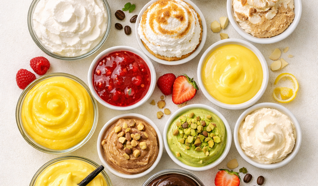 Assortiment de crèmes pâtissières et garnitures disposées en spirale sur fond blanc cassé, éclairage naturel doux, vue du dessus.