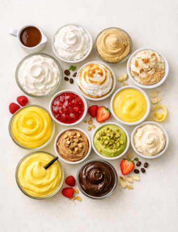 Assortiment de crèmes pâtissières et garnitures disposées en spirale sur fond blanc cassé, éclairage naturel doux, vue du dessus.