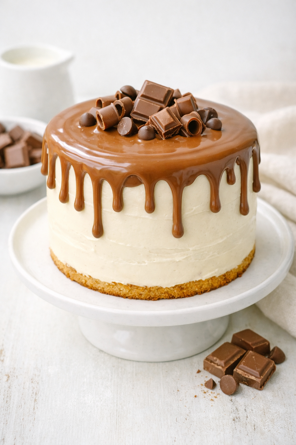 Drip cake recouvert d’une ganache fluide au chocolat au lait, avec un drip brillant et régulier sur les bords du gâteau.