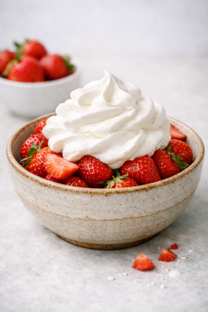 Bol rustique de fraises fraîches avec crème chantilly, lumière naturelle et décor minimaliste.