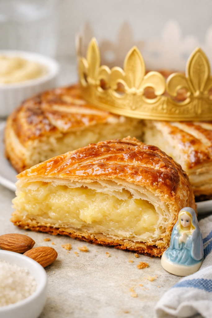 Tranche de galette des rois en gros plan, crème d’amande fondante visible, fève bleue inclinée vers la galette, éclairée par une lumière naturelle douce.