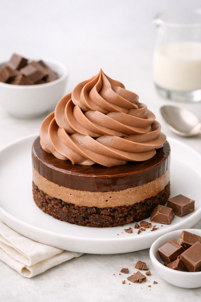 Ganache montée au chocolat au lait sur dessert, texture douce et satinée, lumière naturelle et décor minimaliste.