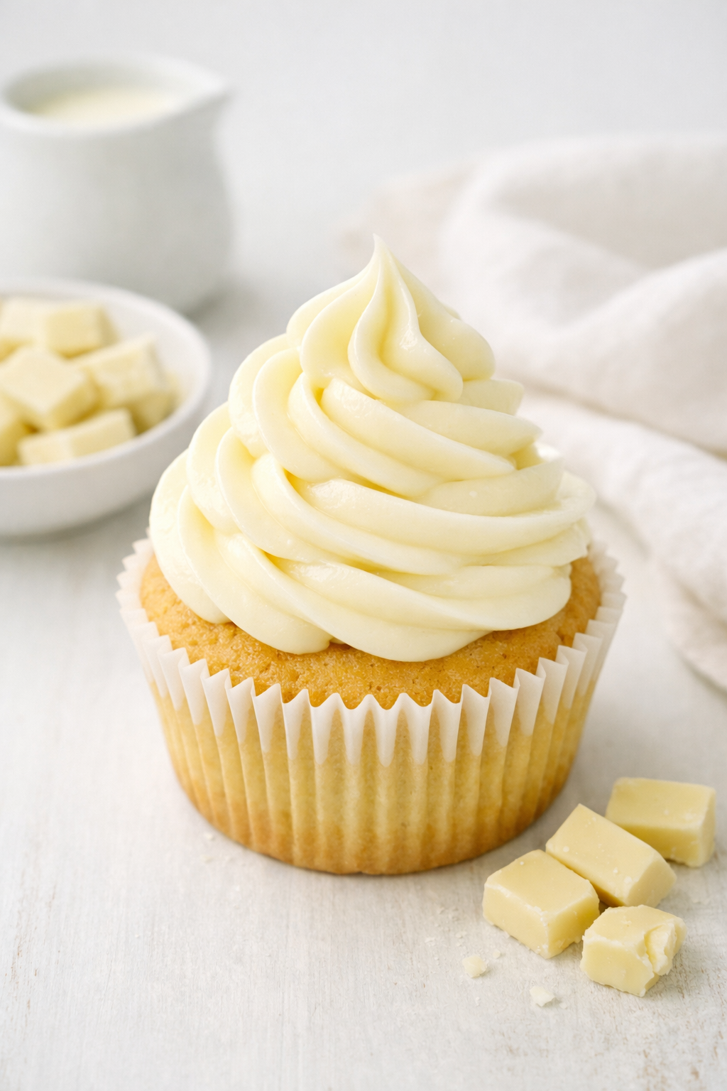 Cupcake doré surmonté d’une ganache montée au chocolat blanc pochée en spirale, dans une lumière naturelle et douce.