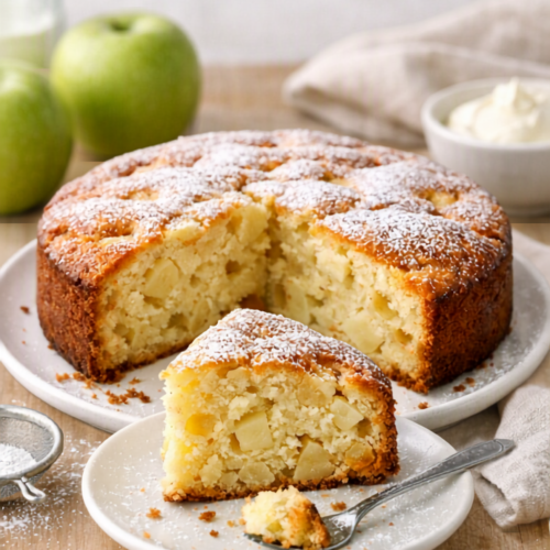 Gâteau aux pommes moelleux photographié en lumière naturelle, posé sur une table en bois claire avec une part découpée et saupoudrée de sucre glace.