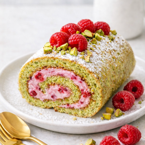Gâteau roulé à la pistache garni de crème framboise, présenté sur une assiette en grès claire avec couverts dorés, décoré de framboises fraîches et éclats de pistaches.