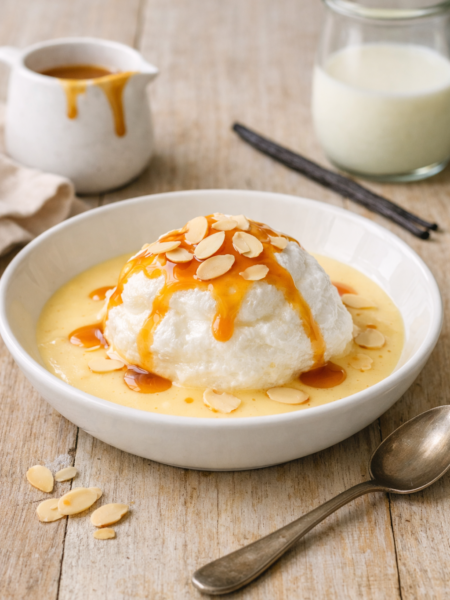 Île flottante servie dans un bol blanc sur une table en bois clair, nappée de crème anglaise vanillée et de caramel doré, décorée d’amandes effilées.