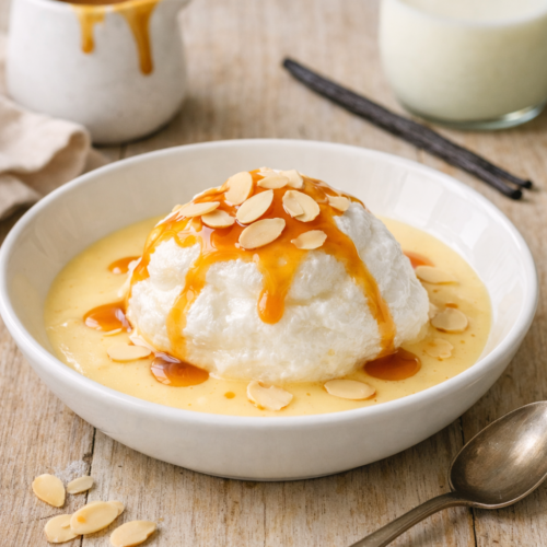 Île flottante servie dans un bol blanc sur une table en bois clair, nappée de crème anglaise vanillée et de caramel doré, décorée d’amandes effilées.