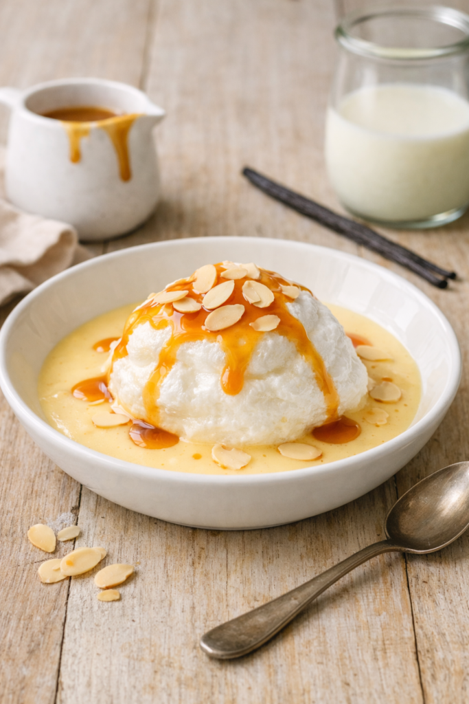 Île flottante servie dans un bol blanc sur une table en bois clair, nappée de crème anglaise vanillée et de caramel doré, décorée d’amandes effilées.