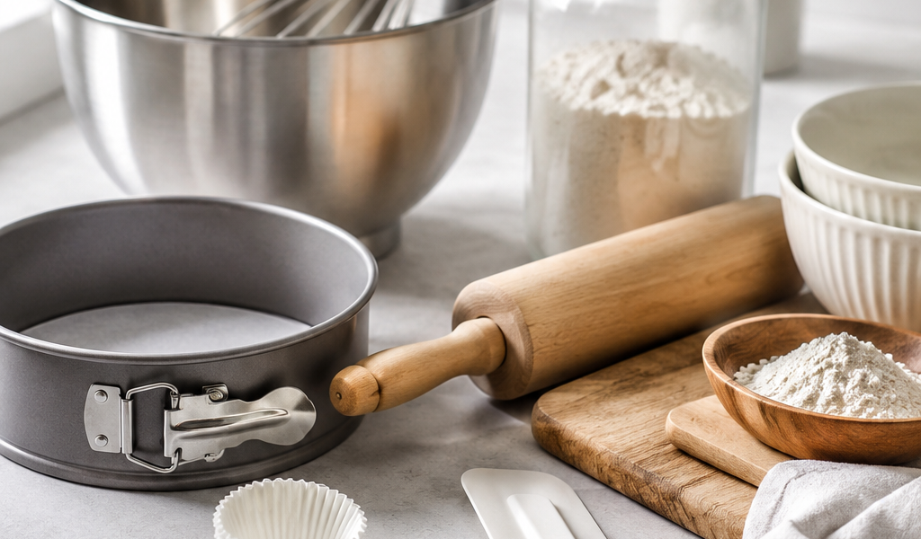 Matériel de pâtisserie essentiel disposé sur un plan de travail lumineux avec un saladier, un rouleau à pâtisserie, un moule à gâteau, un fouet et des ingrédients.
