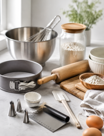 Matériel de pâtisserie essentiel disposé sur un plan de travail lumineux avec un saladier, un rouleau à pâtisserie, un moule à gâteau, un fouet et des ingrédients.