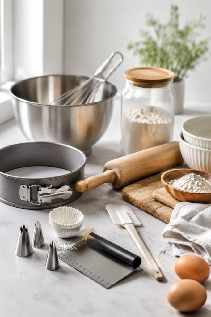 Matériel de pâtisserie essentiel disposé sur un plan de travail lumineux avec un saladier, un rouleau à pâtisserie, un moule à gâteau, un fouet et des ingrédients.