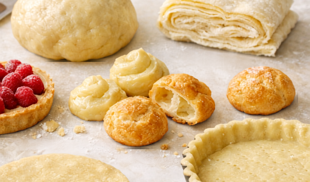 Les cinq familles de pâtes en pâtisserie — pâte levée, pâte feuilletée, pâte à choux, pâte sablée et pâte brisée — présentées sur un plan clair en lumière naturelle.