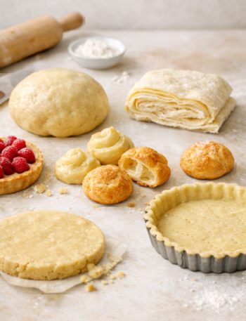 Les cinq familles de pâtes en pâtisserie — pâte levée, pâte feuilletée, pâte à choux, pâte sablée et pâte brisée — présentées sur un plan clair en lumière naturelle.