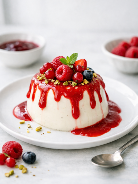 Panna cotta aux fruits rouges avec coulis épais et irrégulier, décor minimaliste, lumière naturelle du jour, photographie verticale.