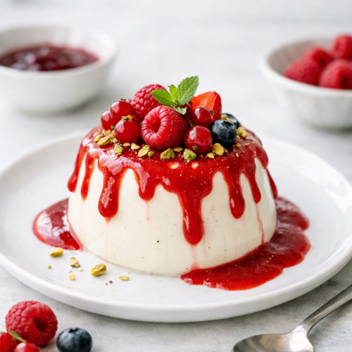 Panna cotta aux fruits rouges avec coulis épais et irrégulier, décor minimaliste, lumière naturelle du jour, photographie verticale.