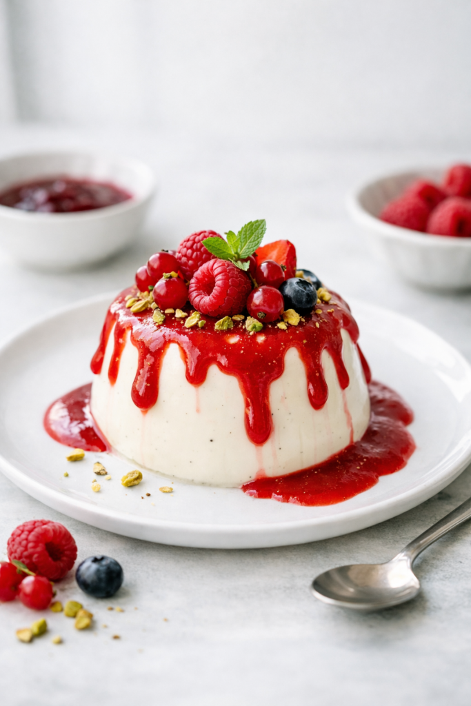 Panna cotta aux fruits rouges avec coulis épais et irrégulier, décor minimaliste, lumière naturelle du jour, photographie verticale.