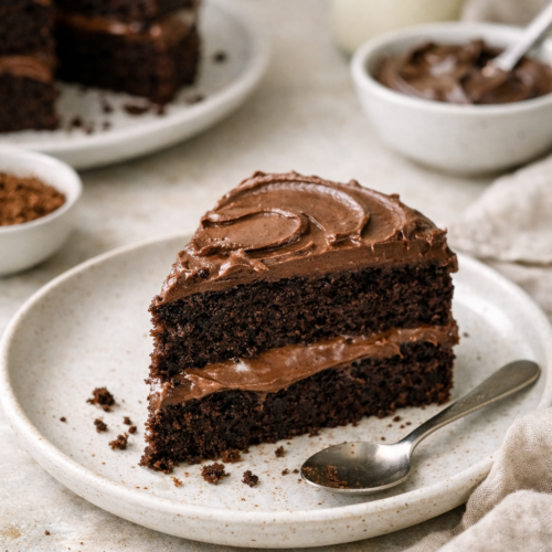 Part de gâteau chocolat vegan servie dans une assiette en céramique, éclairée par la lumière naturelle, avec un décor minimaliste et quelques miettes visibles.