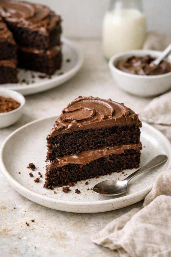 Part de gâteau chocolat vegan servie dans une assiette en céramique, éclairée par la lumière naturelle, avec un décor minimaliste et quelques miettes visibles.