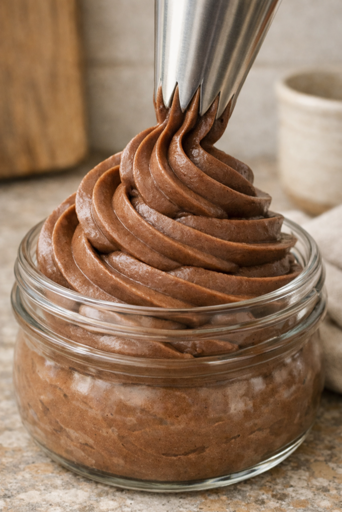 Crème au chocolat lisse et veloutée, délicatement pochée en spirale dans un petit pot en verre sur plan de travail en pierre naturelle, éclairage doux et diffus.