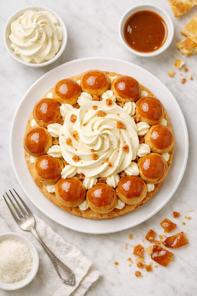 Crème pâtissière et choux caramélisés sur un Saint Honoré doré, vus du dessus, éclairés par une lumière naturelle douce.