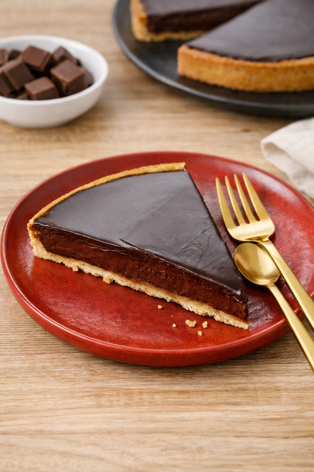 Part de tarte au chocolat sur assiette en céramique rouge avec couverts dorés, sur table en bois clair, lumière naturelle.