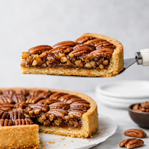 Part de tarte aux noix de pécan soulevée sur une pelle à tarte, montrant la garniture caramélisée et la croûte dorée en lumière naturelle.