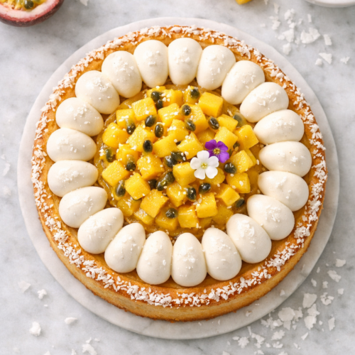 Tarte mangue, coco et passion sur assiette gris anthracite, décorée de dômes de crème coco et de dés de mangue fraîche, sur table en bois clair.