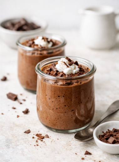 Mousse au chocolat vegan présentée en verrine, décor minimaliste, lumière naturelle, ambiance douce et gourmande.