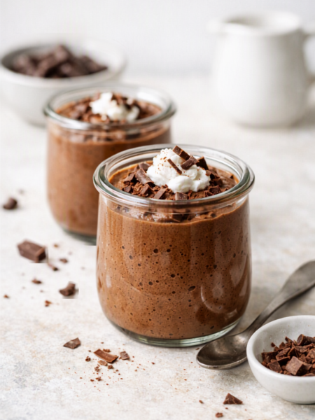 Mousse au chocolat vegan présentée en verrine, décor minimaliste, lumière naturelle, ambiance douce et gourmande.