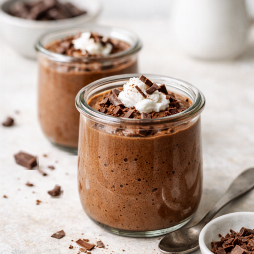 Mousse au chocolat vegan présentée en verrine, décor minimaliste, lumière naturelle, ambiance douce et gourmande.